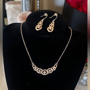 NVC Gold Tone Necklace and earrings with white rhinestone Set